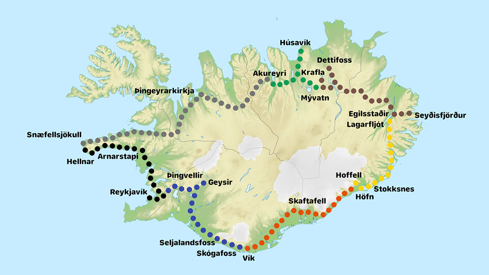 Map of the route around Iceland and stops alt text